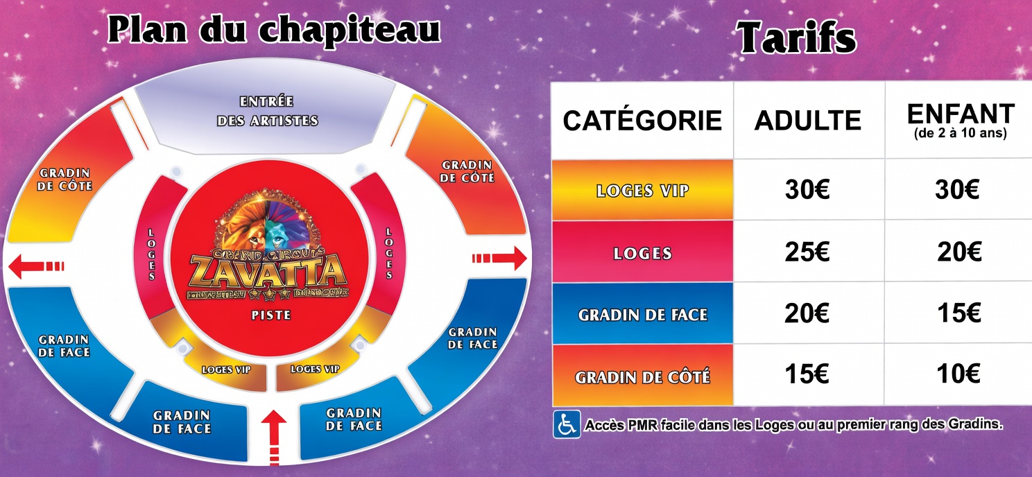 Plan du chapiteau : piste au centre entourée des loges, des gradins de face et des gradins de côté, loges VIP près de l'entrée.